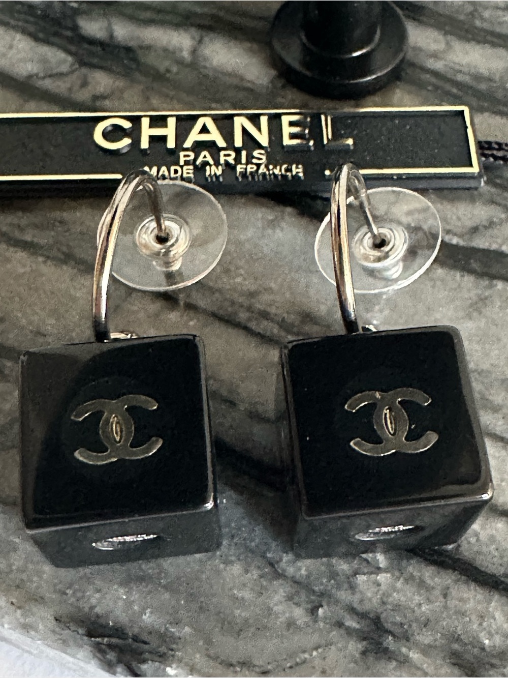 CHANEL 2003 03A Black Resin CC Cube Dice Hoop Drop Earrings